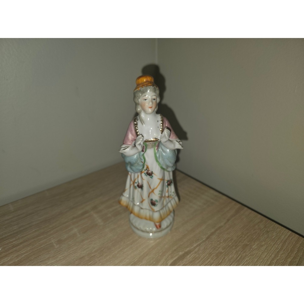 Vintage Occupied Japan Porcelain Colonial Lady Figurine Pink Blue Gold Trim